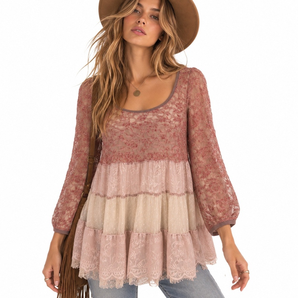 Free People Fairy Lace Tiered Babydoll Tunic Top S Boho Cottagecore Ethereal